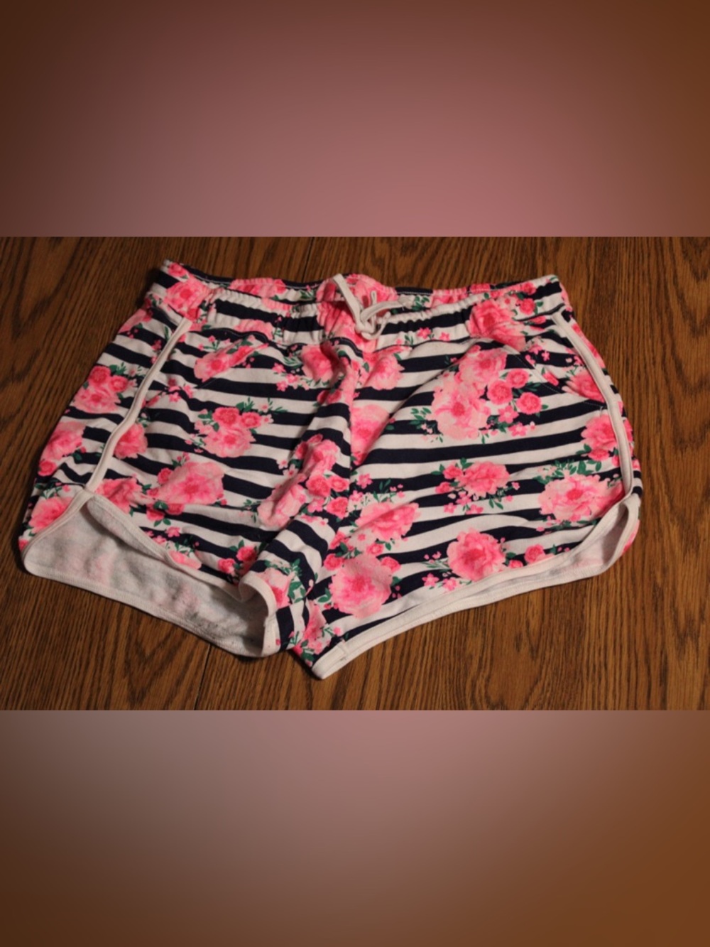 Justice Floral Stripe Athletic Drawstring Shorts - Pink & Navy